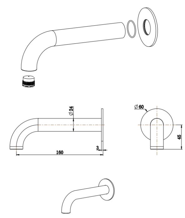 Bella Vista Mica Heritage Bath Spout - 160/220/250mm - dimensions and specifications
