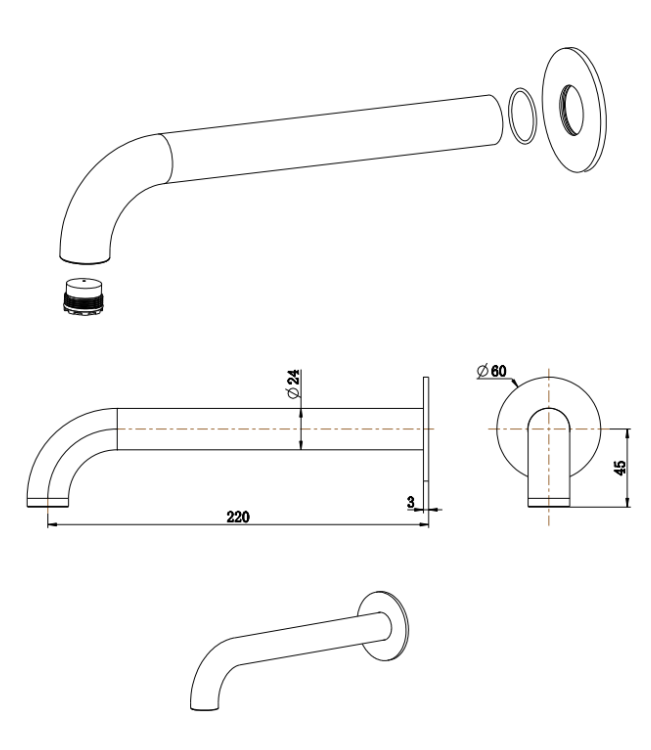 Bella Vista Mica Heritage Bath Spout - 160/220/250mm - dimensions and specifications