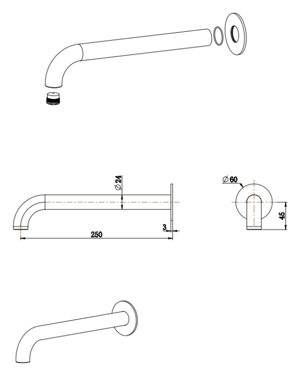 Bella Vista Mica Heritage Bath Spout - 160/220/250mm - dimensions and specifications