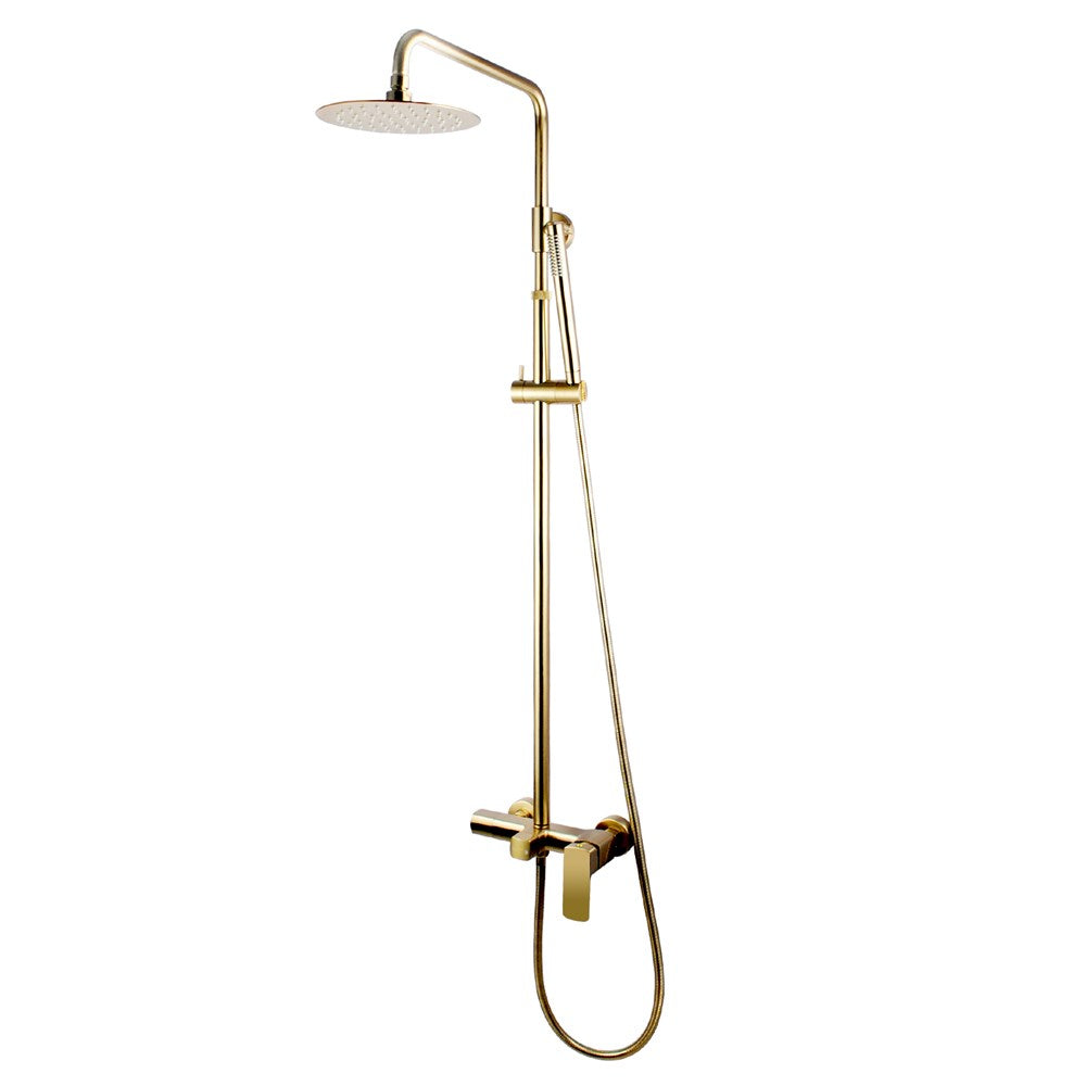 8" Round Brushed Gold Shower Station(Solid BrassStainless Steel,Bottom Water Inlet,Adjustable Height Rail)