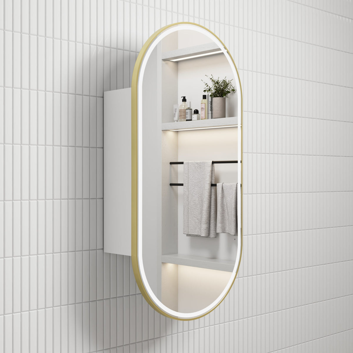 Aulic Beau Monde Oblong LED Shaving Cabinet Matte White Brushed Gold