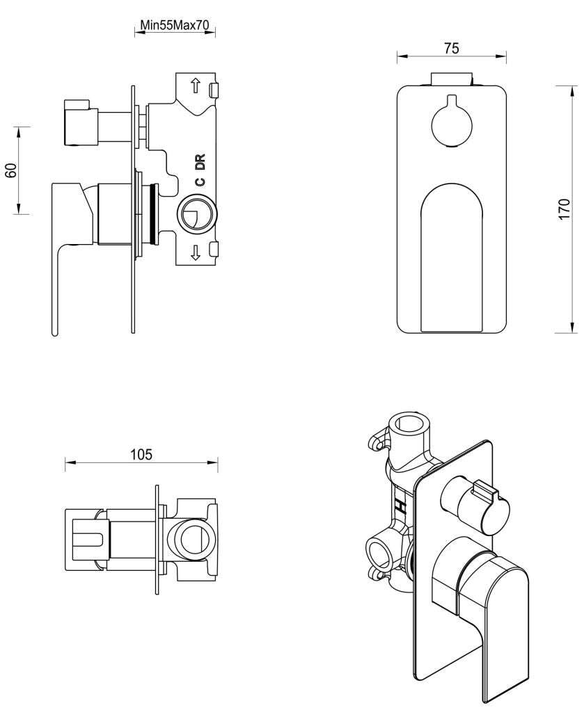 Bella Vista Beki Shower Mixer Diverter - 1P - TRIM KIT ONLY