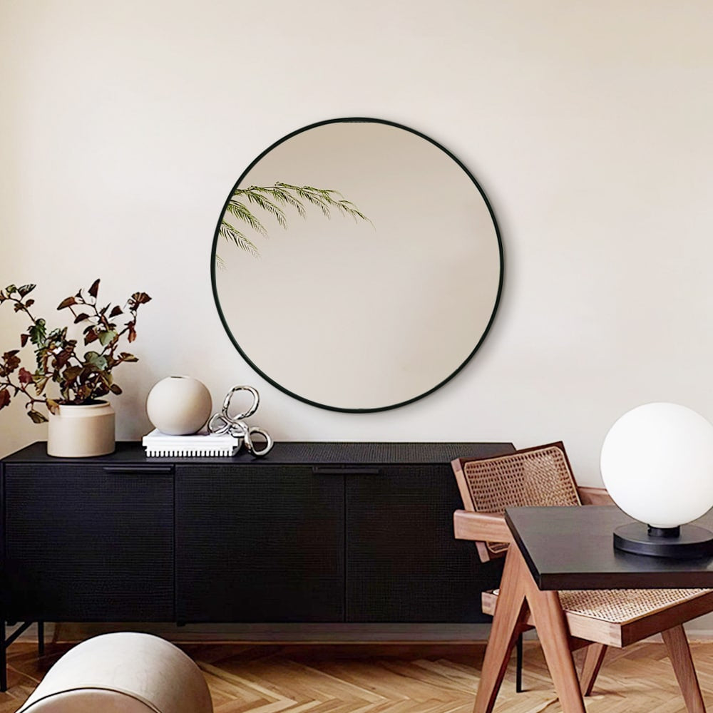 Black Framed Round Wall Mirror – Classic Decorative Design