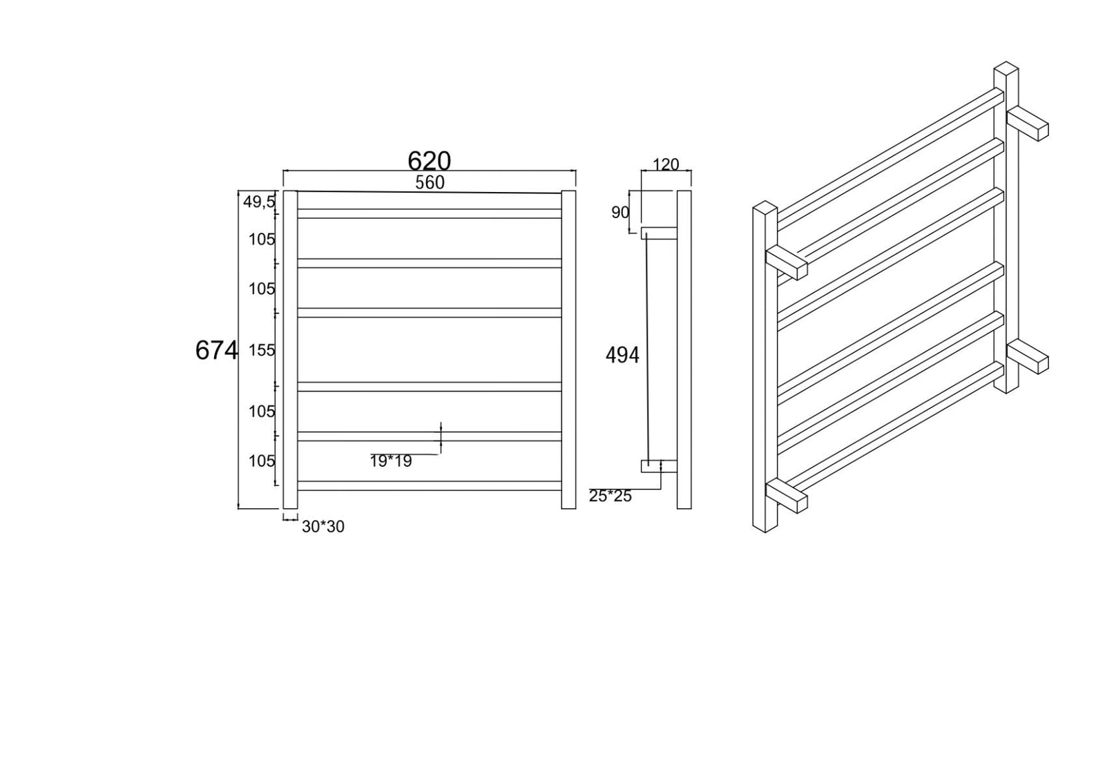 Square Chrome Electric Heated Towel Rack 6 Bars