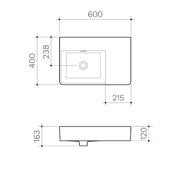 Clark Square Wall Basin Right Hand Shelf 600mm (No Tap Hole)