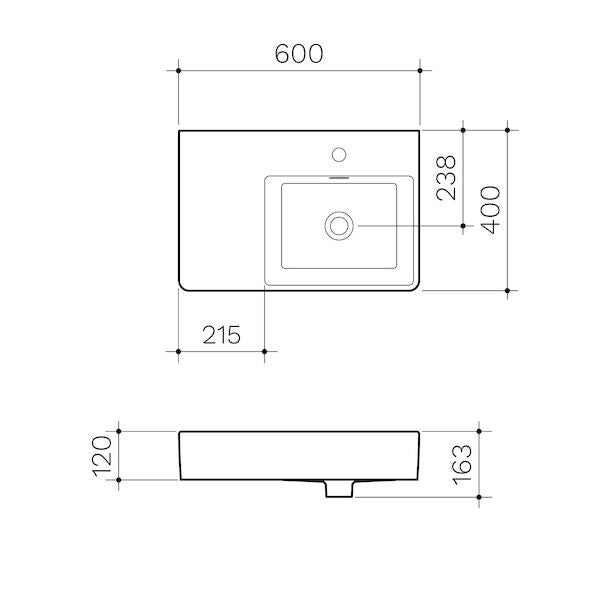 Clark Square Wall Basin Left Hand Shelf 600mm (No Tap Hole)