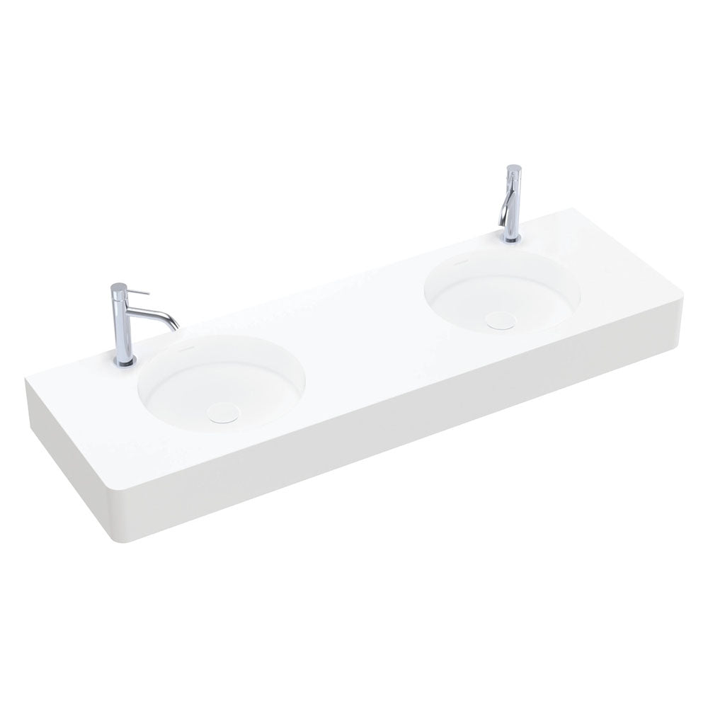 Fienza Encanto 1400 Solid Surface Wall Basin, Double Bowl, 2 Tap Holes