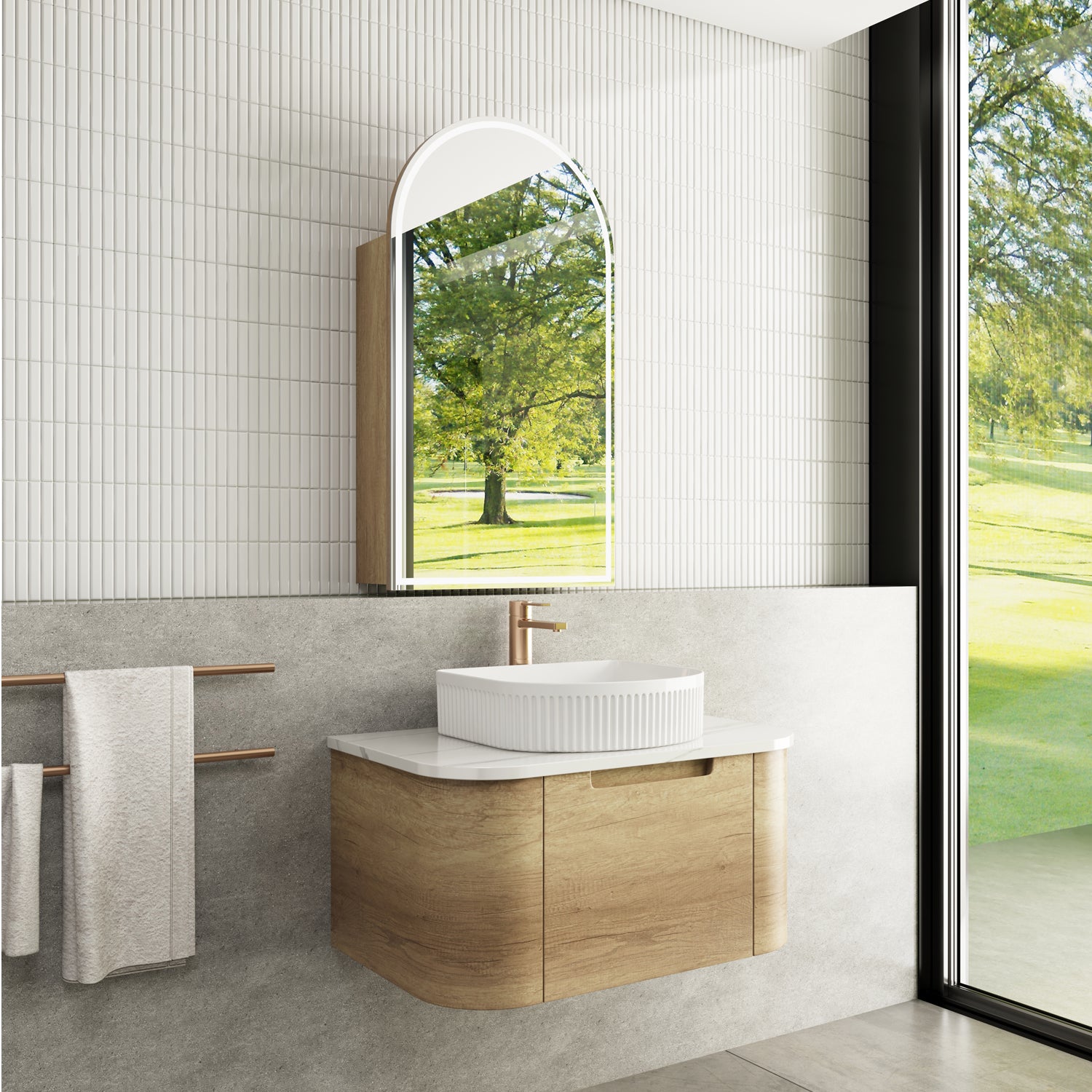 Aulic Carita Wall Hung Vanity 900mm in Carita, styled bathroom