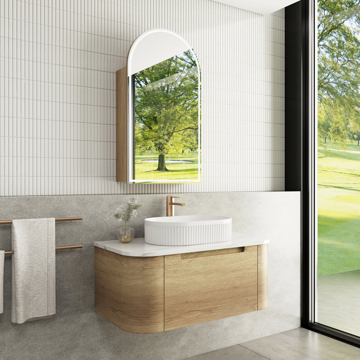 Aulic Carita Wall Hung Vanity 900mm in Carita, styled bathroom
