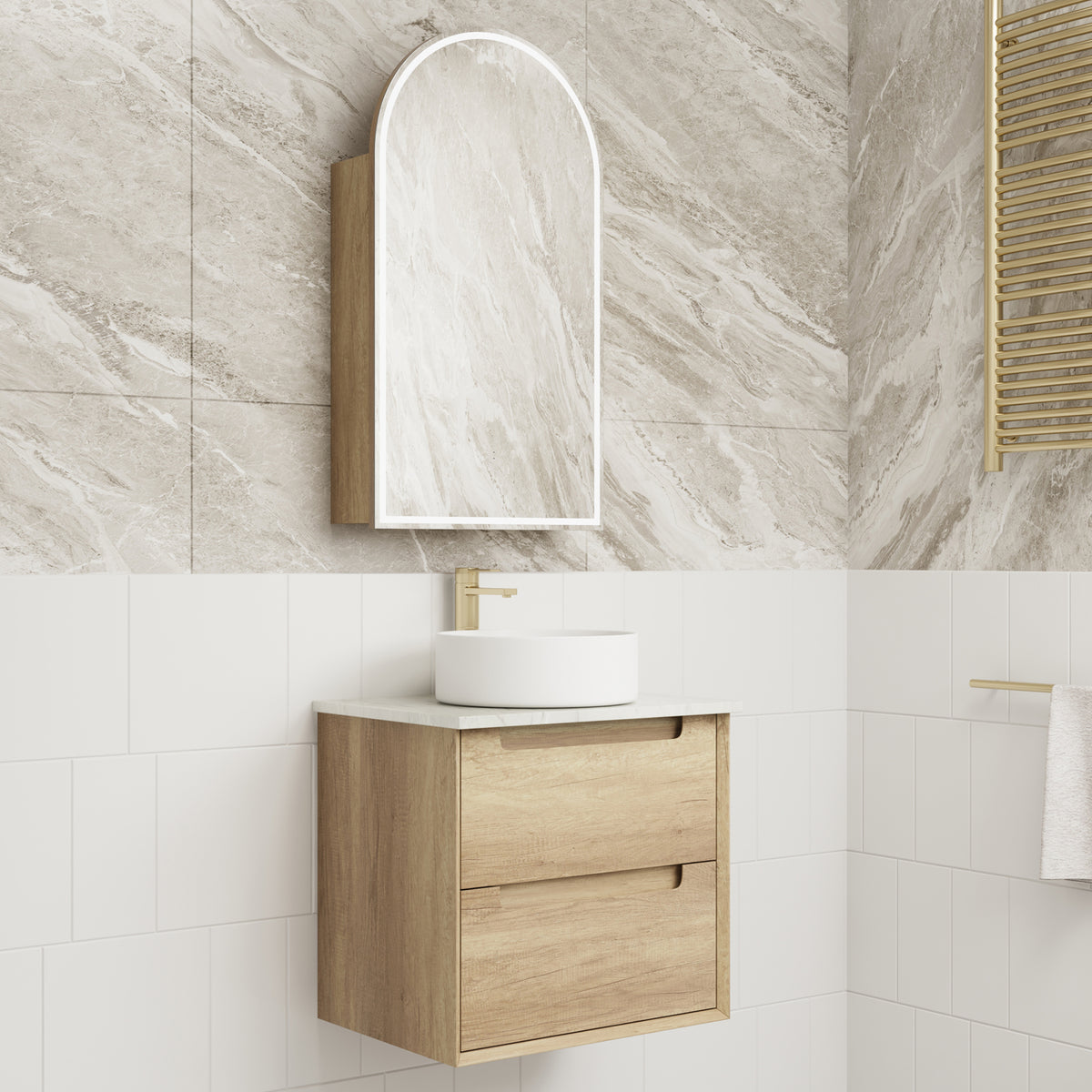 Aulic Moreno Wall Hung Vanity 600mm in Carita, styled bathroom