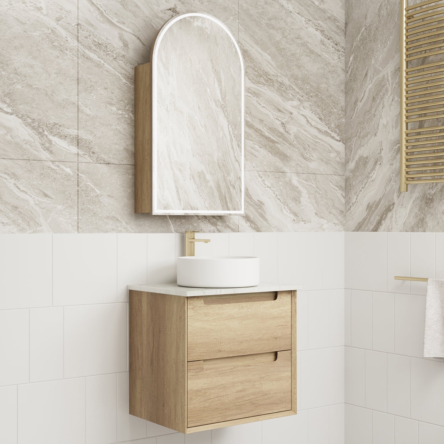 Aulic Moreno Wall Hung Vanity 900mm in Carita, styled bathroom