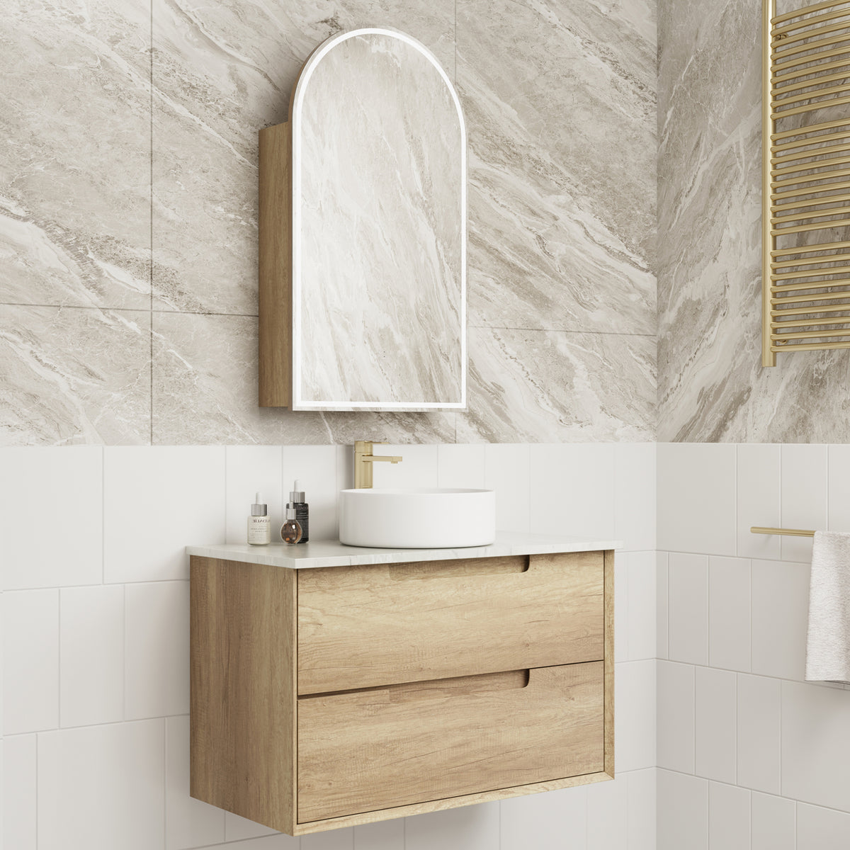 Aulic Moreno Wall Hung Vanity 900mm in Carita, styled bathroom