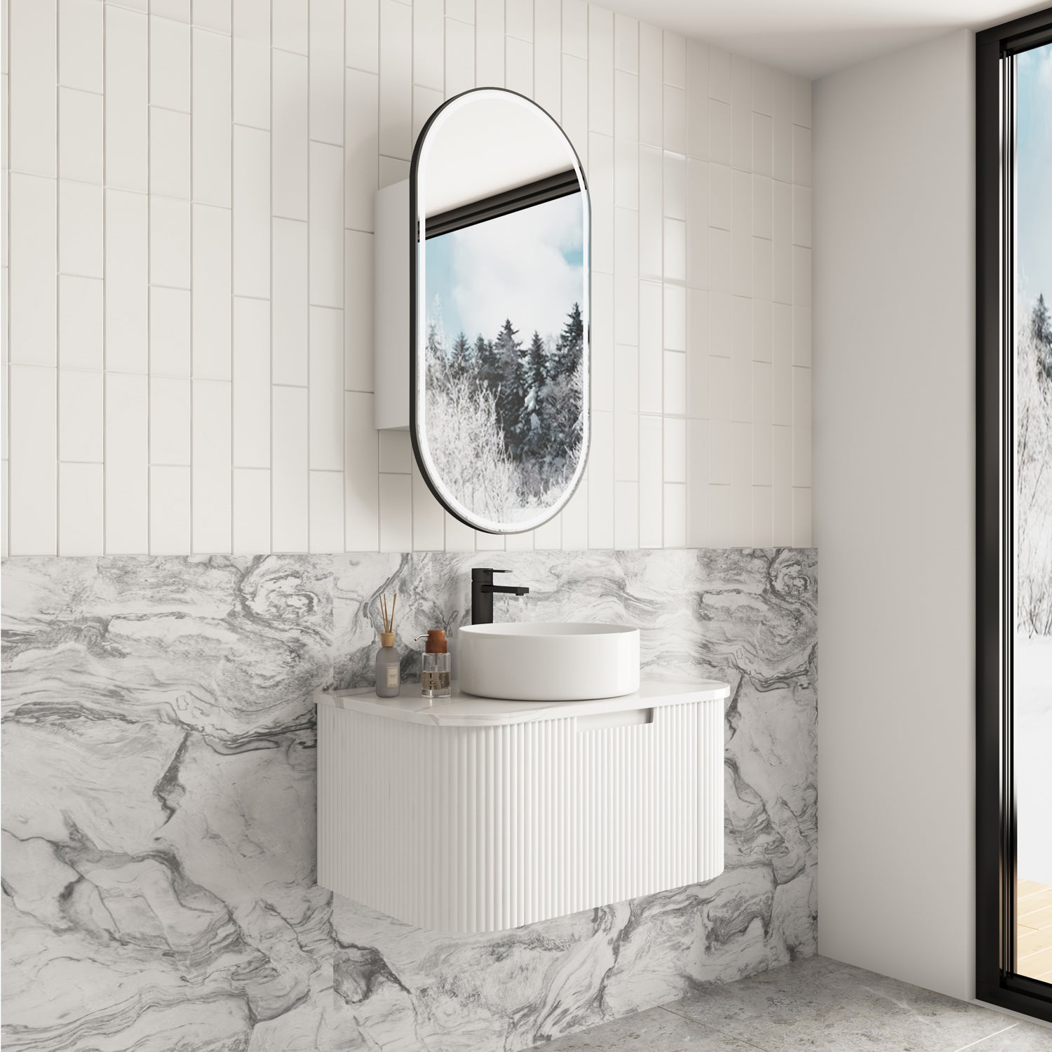 Aulic Savio Wall Hung Vanity 900mm in Matte White, styled bathroom