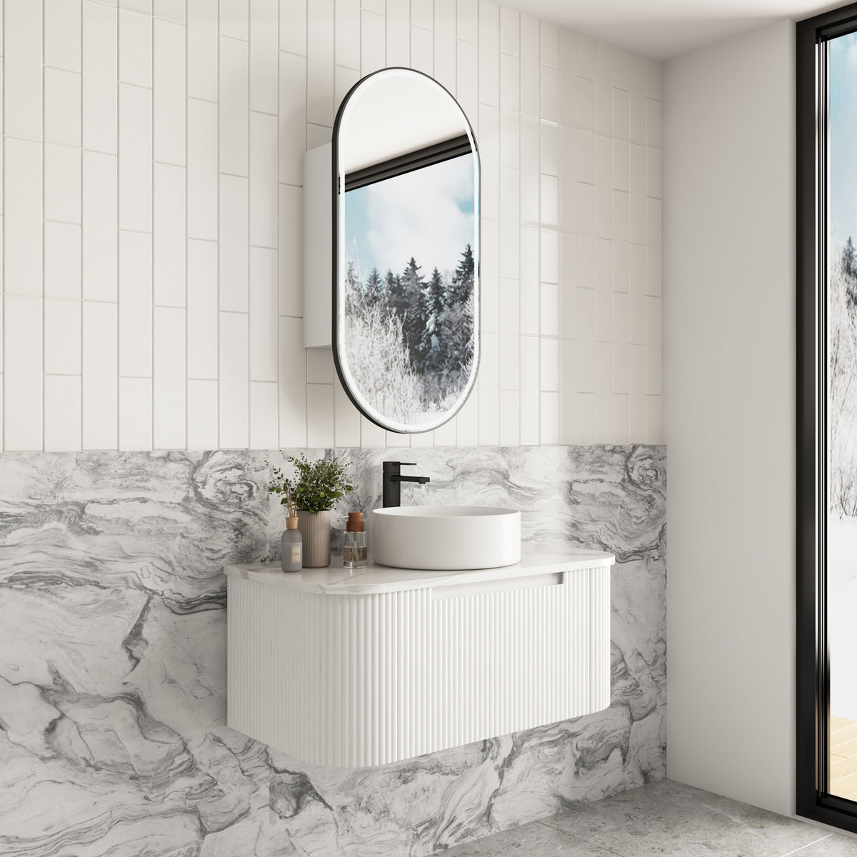 Aulic Savio Wall Hung Vanity 900mm in Matte White, styled bathroom