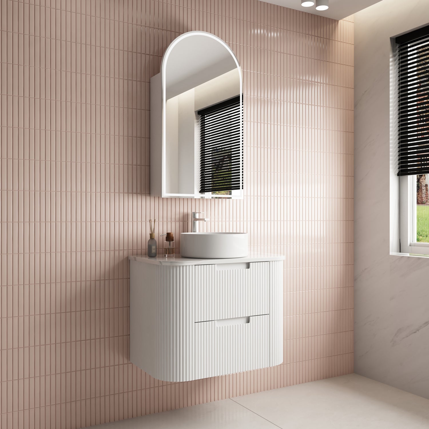 Aulic Curva Wall Hung Vanity 900mm in Matte White, styled bathroom