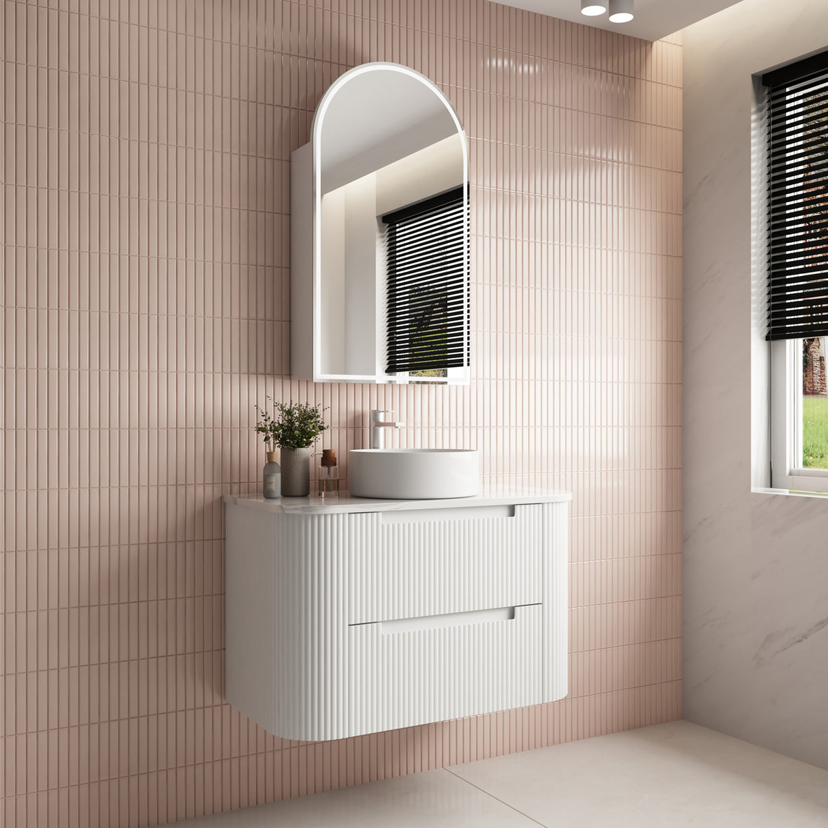 Aulic Curva Wall Hung Vanity 900mm in Matte White, styled bathroom