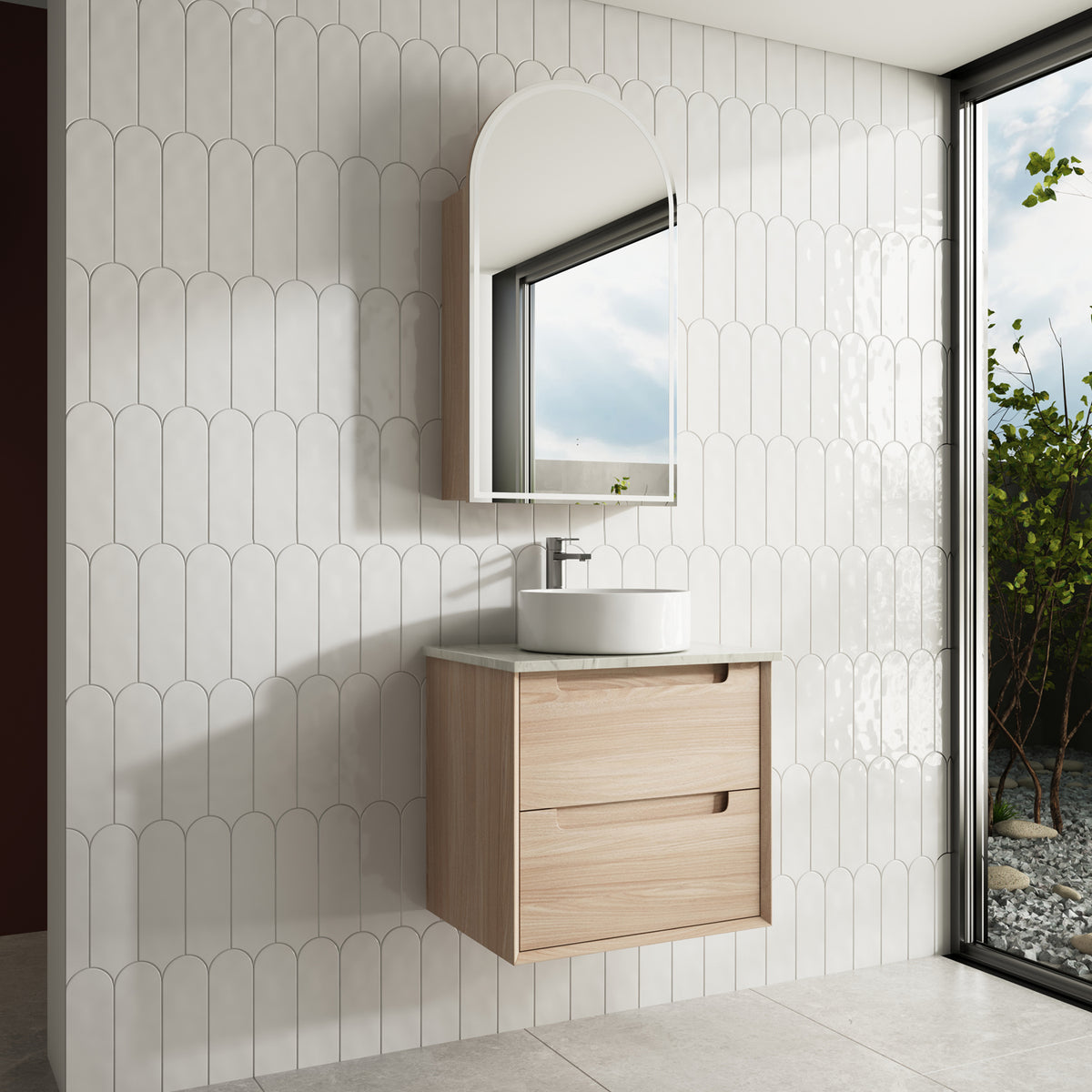 Aulic Ainsley Wall Hung Vanity 600mm in Mia, styled bathroom
