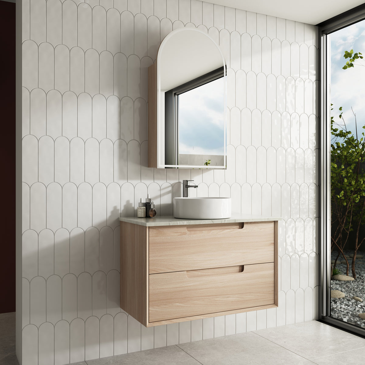 Aulic Ainsley Wall Hung Vanity 900mm in Mia, styled bathroom