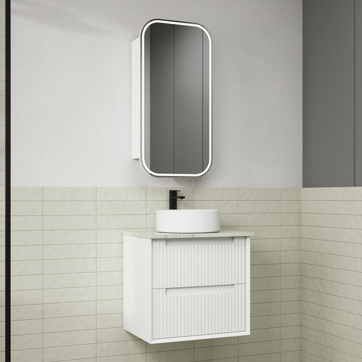 Aulic Flauto Wall Hung Vanity 600mm in Matte White, styled bathroom