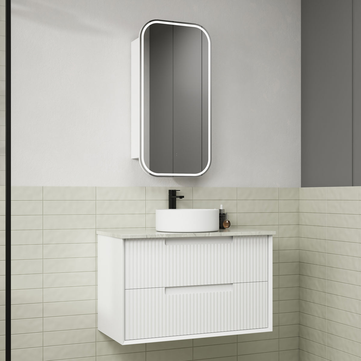 Aulic Flauto Wall Hung Vanity 900mm in Matte White, styled bathroom