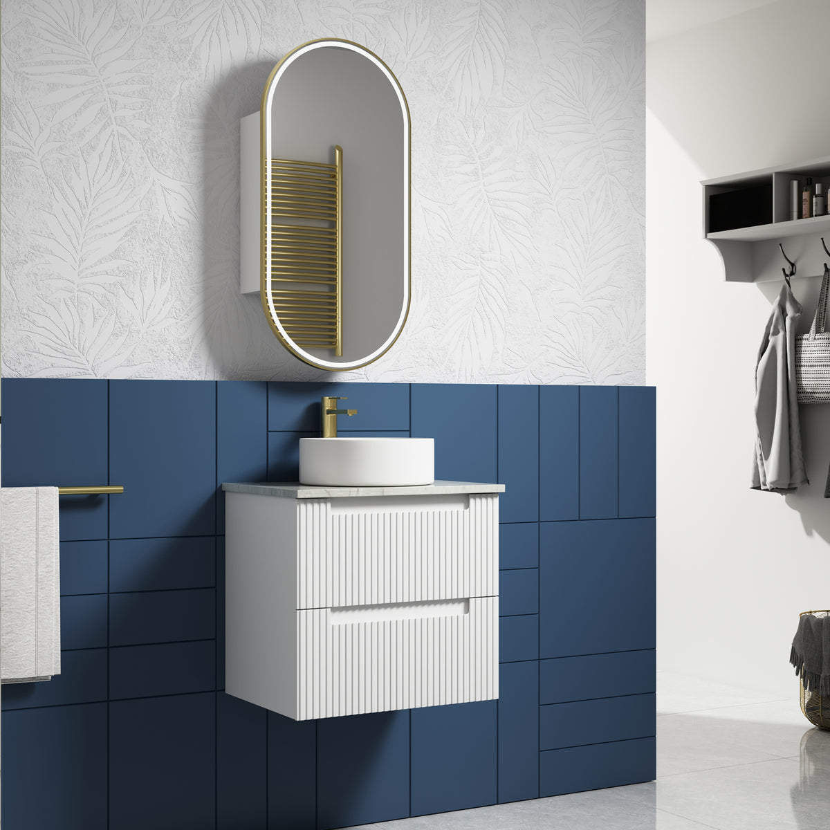 Aulic Neva Wall Hung Vanity 600mm in Matte White, styled bathroom