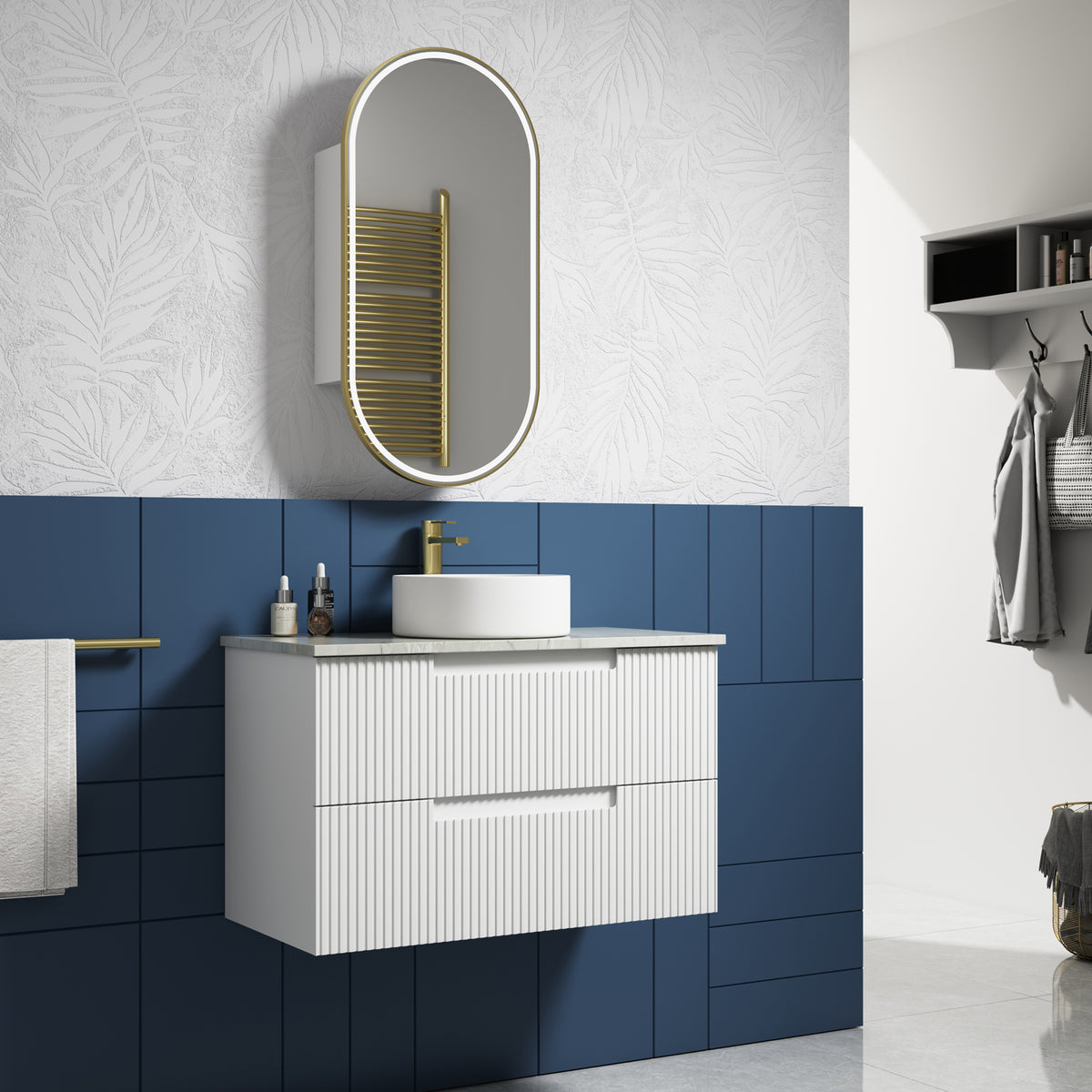 Aulic Neva Wall Hung Vanity 900mm in Matte White, styled bathroom