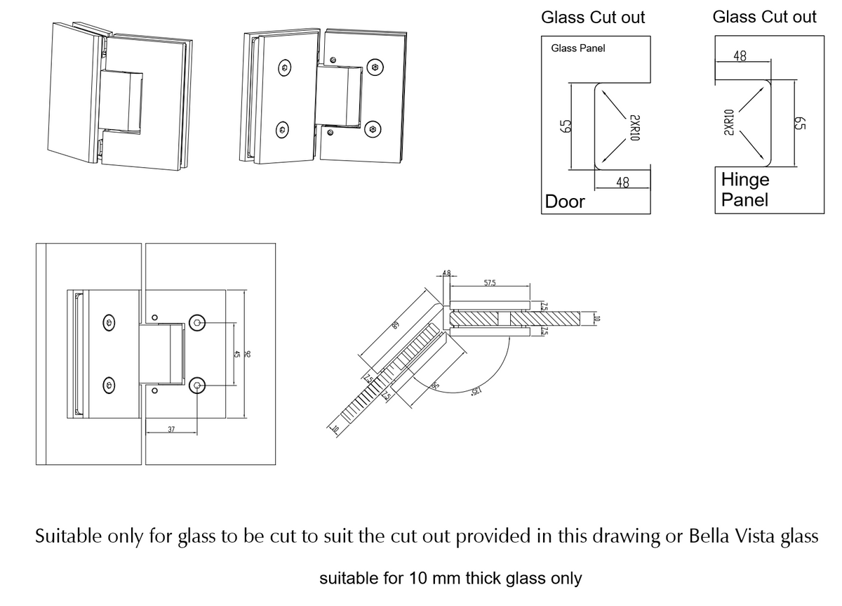 Bella Vista Shower Screen Hinge - 135 Degree - dimensions and specifications