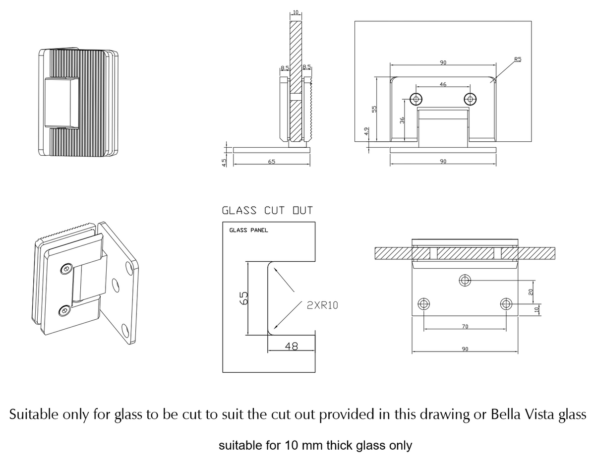 Bella Vista Shower Screen Hinge - Fluted - Glass to Wall - dimensions and specifications