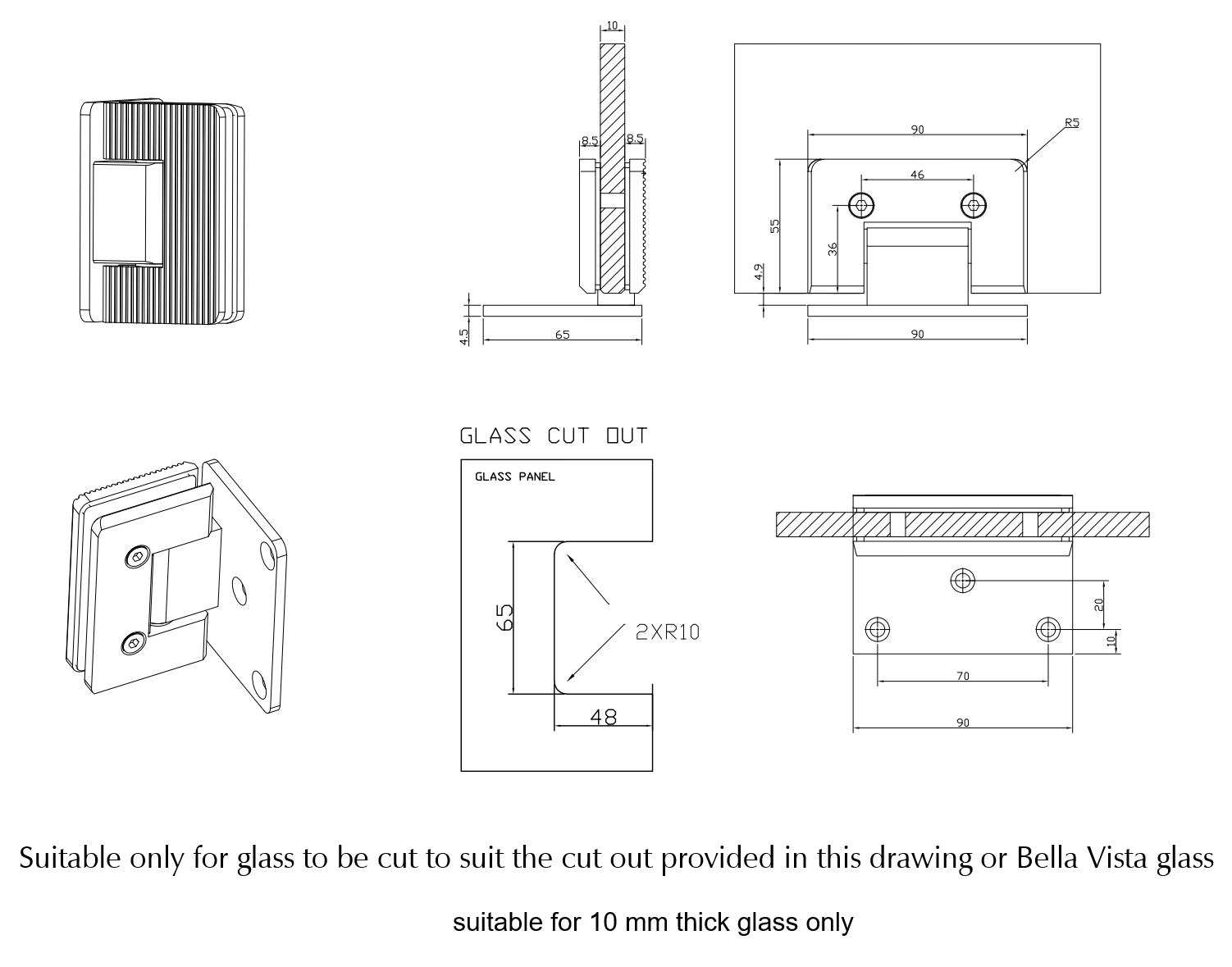 Bella Vista Shower Screen Hinge - Fluted - Glass to Wall - dimensions and specifications