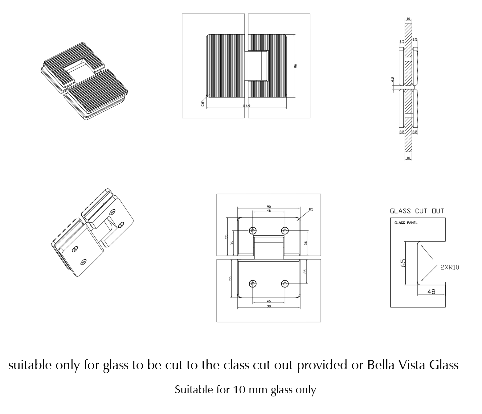 Bella Vista Shower Screen Hinge - Fluted - Glass to Glass - dimensions and specifications