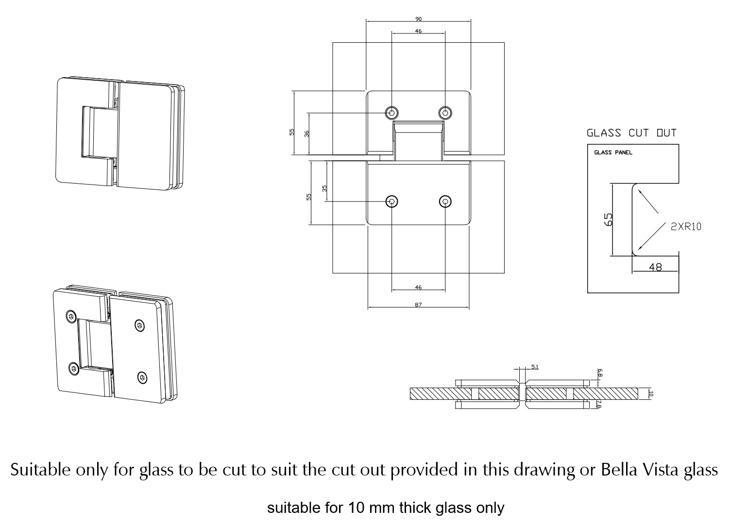 Bella Vista Shower Screen Hinge - Glass to Glass - dimensions and specifications
