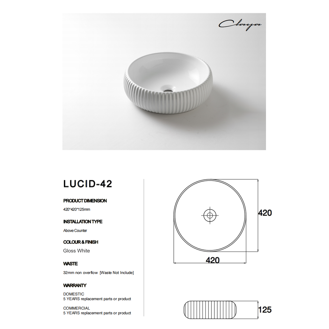 Claya Lucid-42 Above-Counter Fine Ceramic Basin