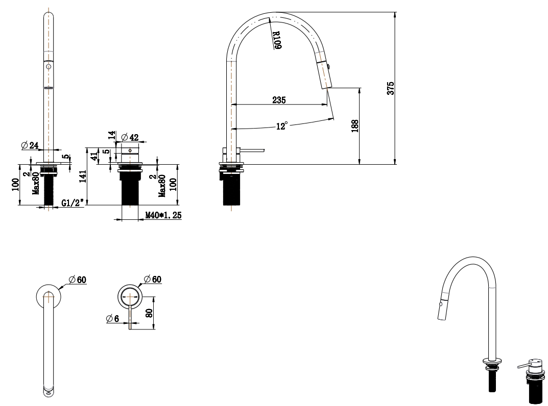 Bella Vista Mica Pull-Out Hob Mixer Set - dimensions and specifications