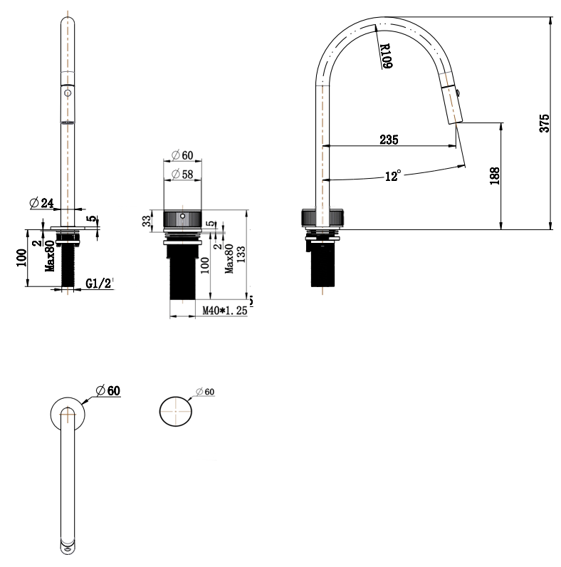 Bella Vista Mica Fluted Pull-Out Hob Mixer Set - dimensions and specifications