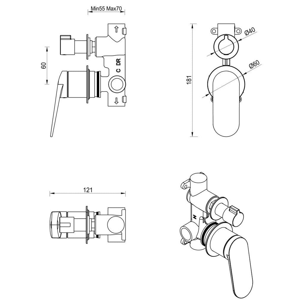 Bella Vista Lantra Shower Mixer Diverter - 2P - TRIM KIT ONLY