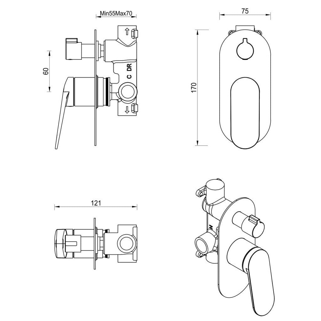 Bella Vista Lantra Shower Mixer Diverter - 1P - TRIM KIT ONLY