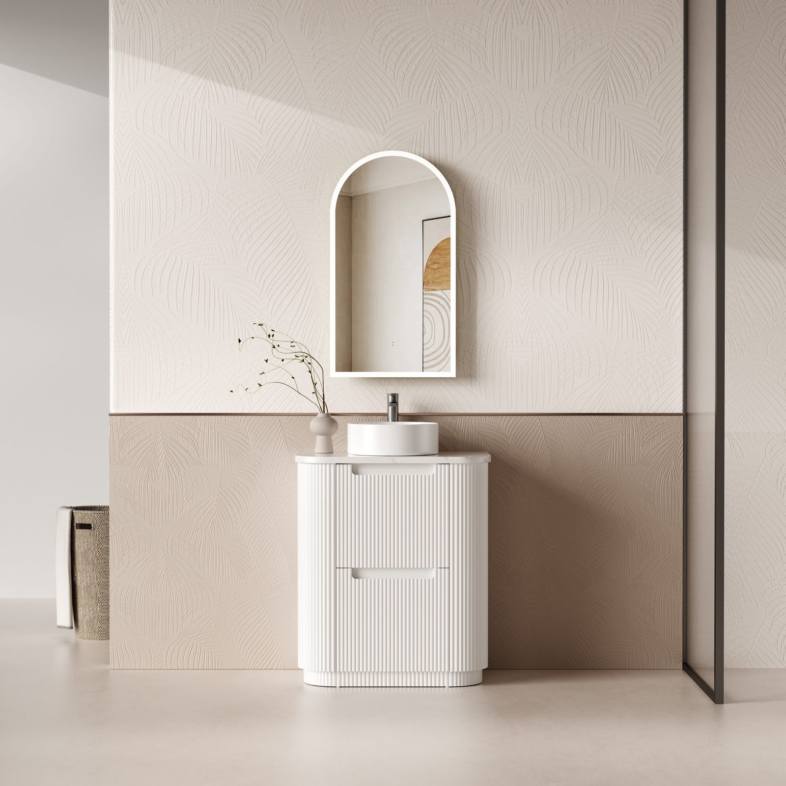 Aulic Curva Floor Standing Vanity 900mm in Matte White, styled bathroom
