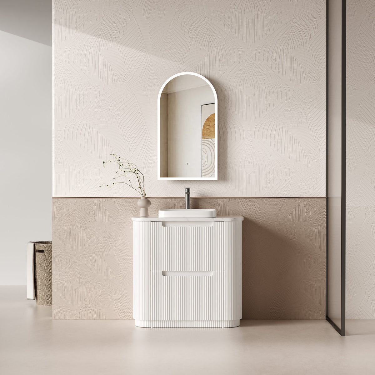 Aulic Curva Floor Standing Vanity 900mm in Matte White, styled bathroom