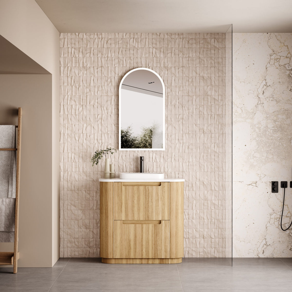 Aulic Varcelli Floor Standing Vanity 900mm in Harvest Oak, styled bathroom