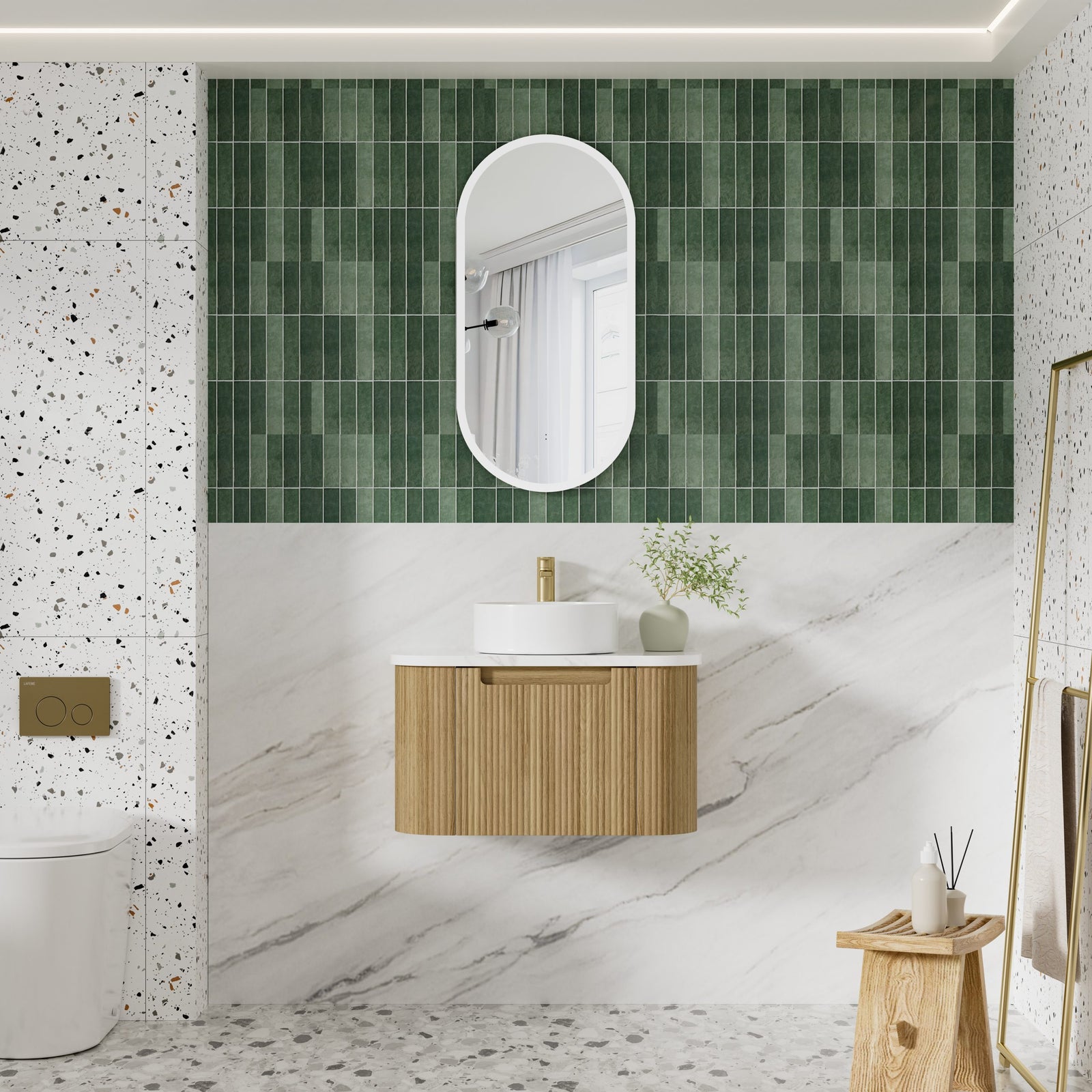 Aulic Varcelli Mono Wall Hung Vanity 900mm in Harvest Oak, styled bathroom
