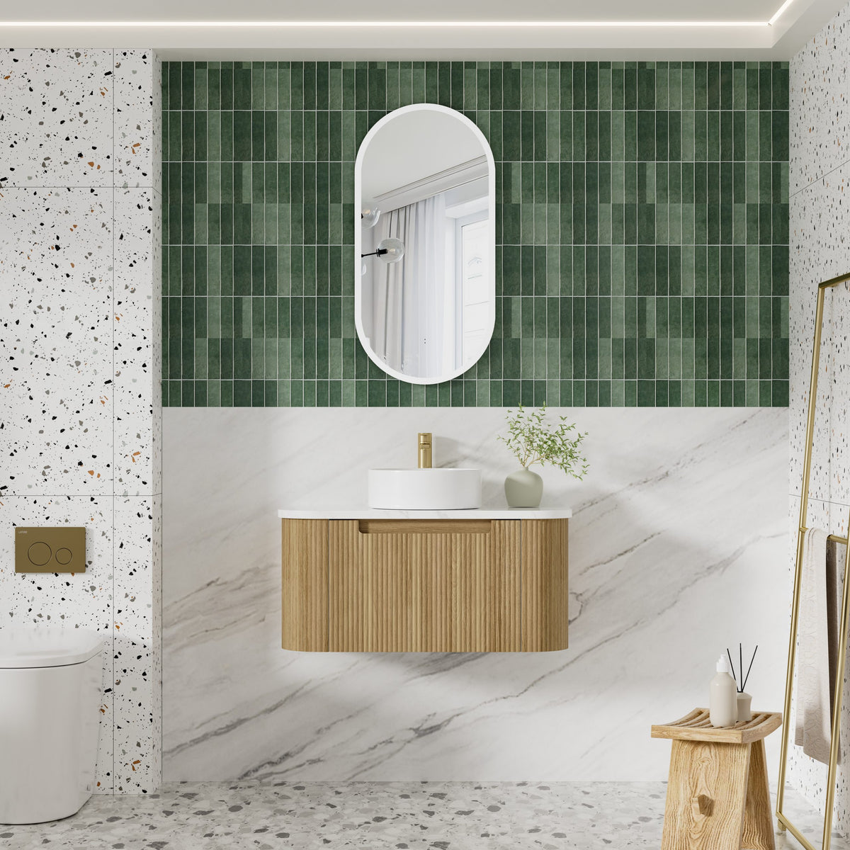 Aulic Varcelli Mono Wall Hung Vanity 900mm in Harvest Oak, styled bathroom