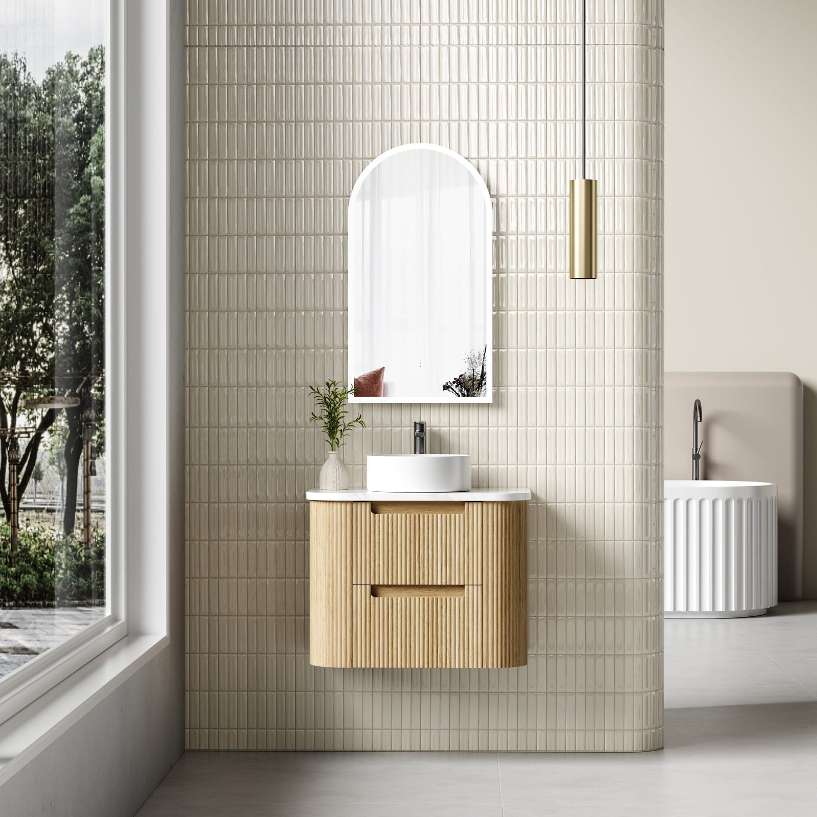 Aulic Varcelli Tier Wall Hung Vanity 900mm in Harvest Oak, styled bathroom