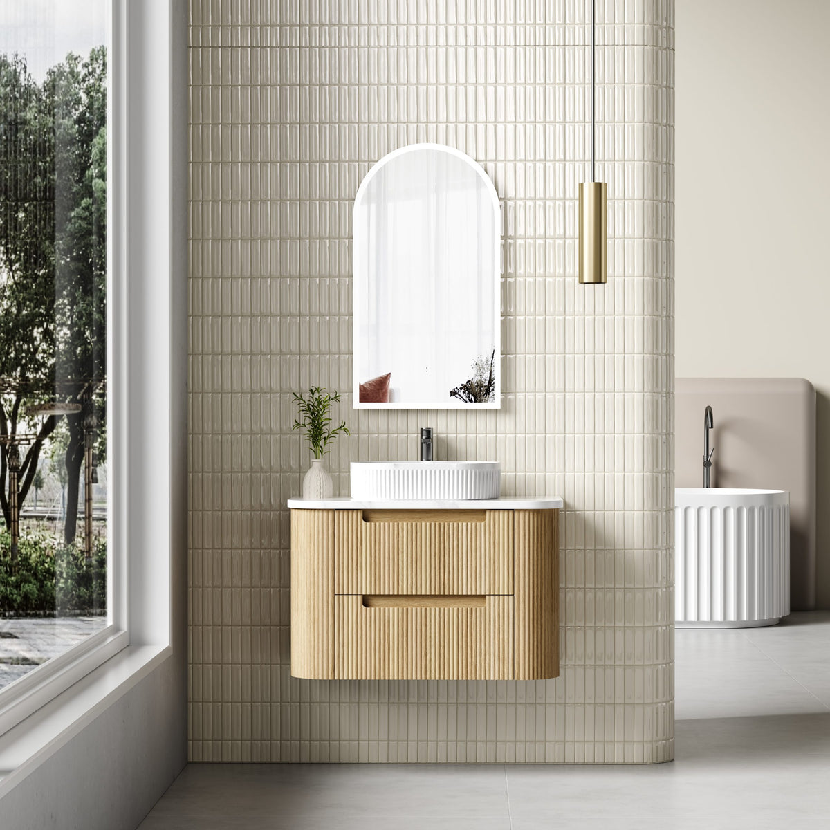 Aulic Varcelli Tier Wall Hung Vanity 900mm in Harvest Oak, styled bathroom