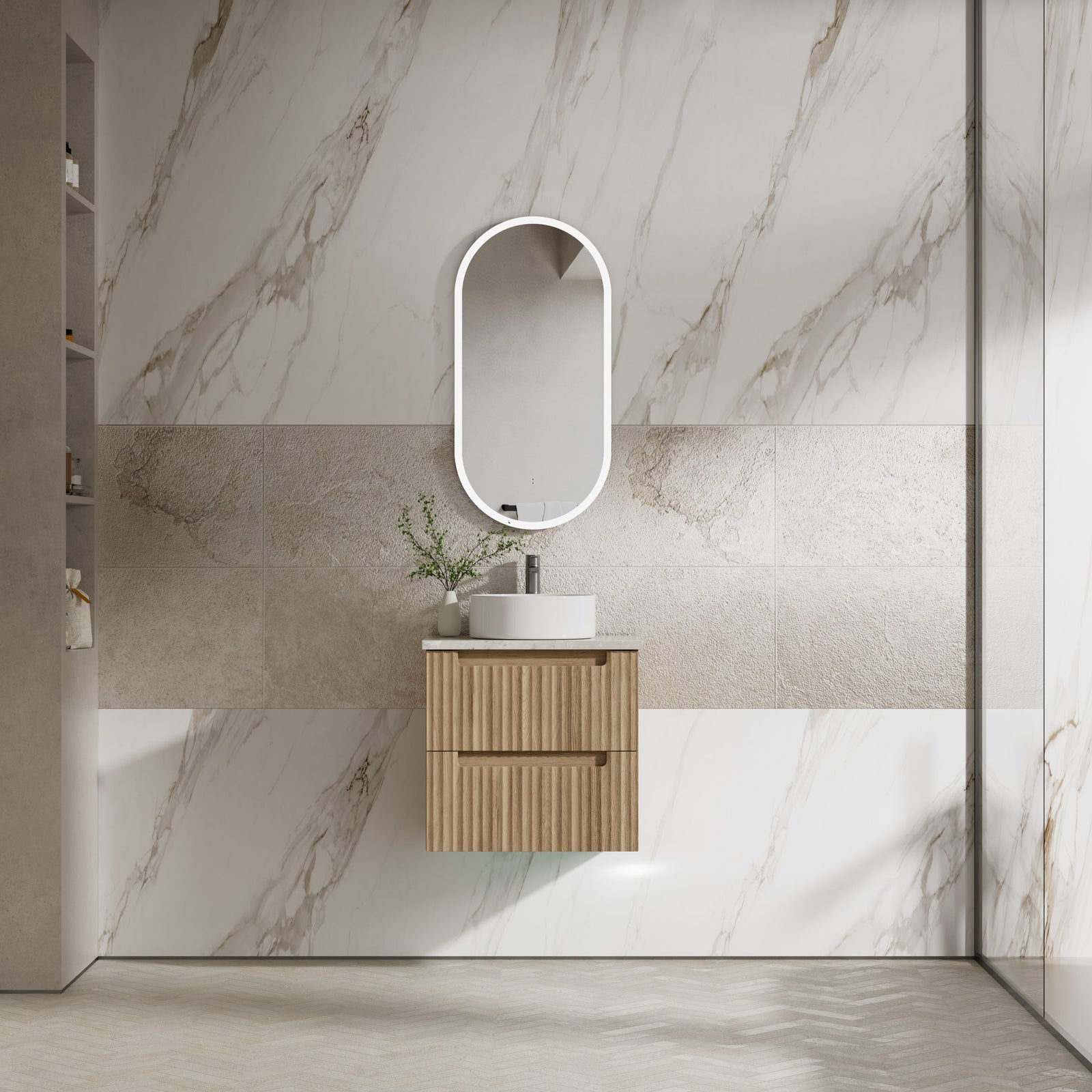 Aulic Lovina Tier Wall Hung Vanity 900mm in Harvest Oak, styled bathroom