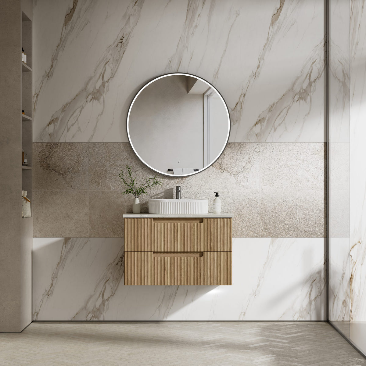 Aulic Lovina Tier Wall Hung Vanity 900mm in Harvest Oak, styled bathroom