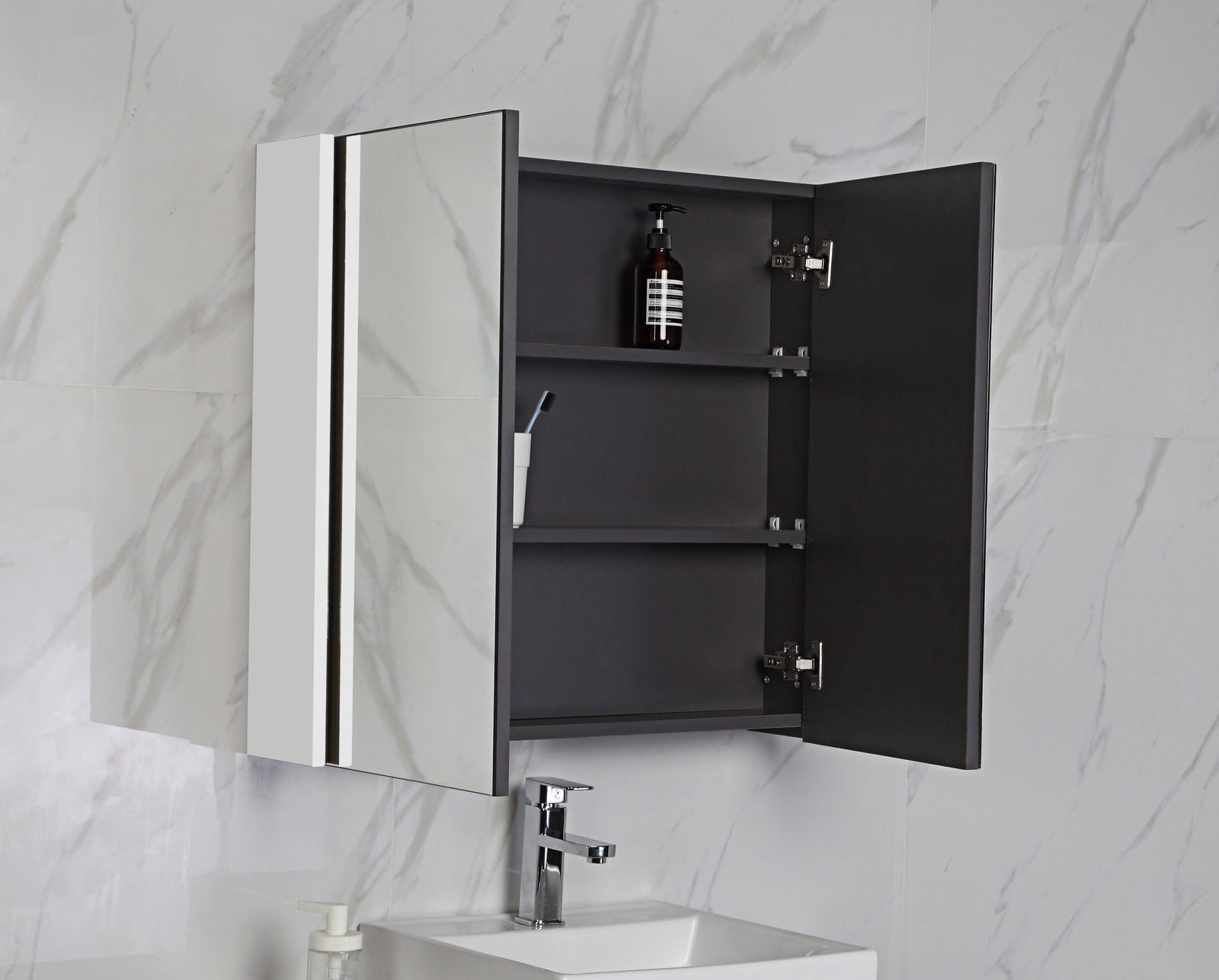 Aulic Bella Shaving Cabinet, mirrored doors open showing shelves