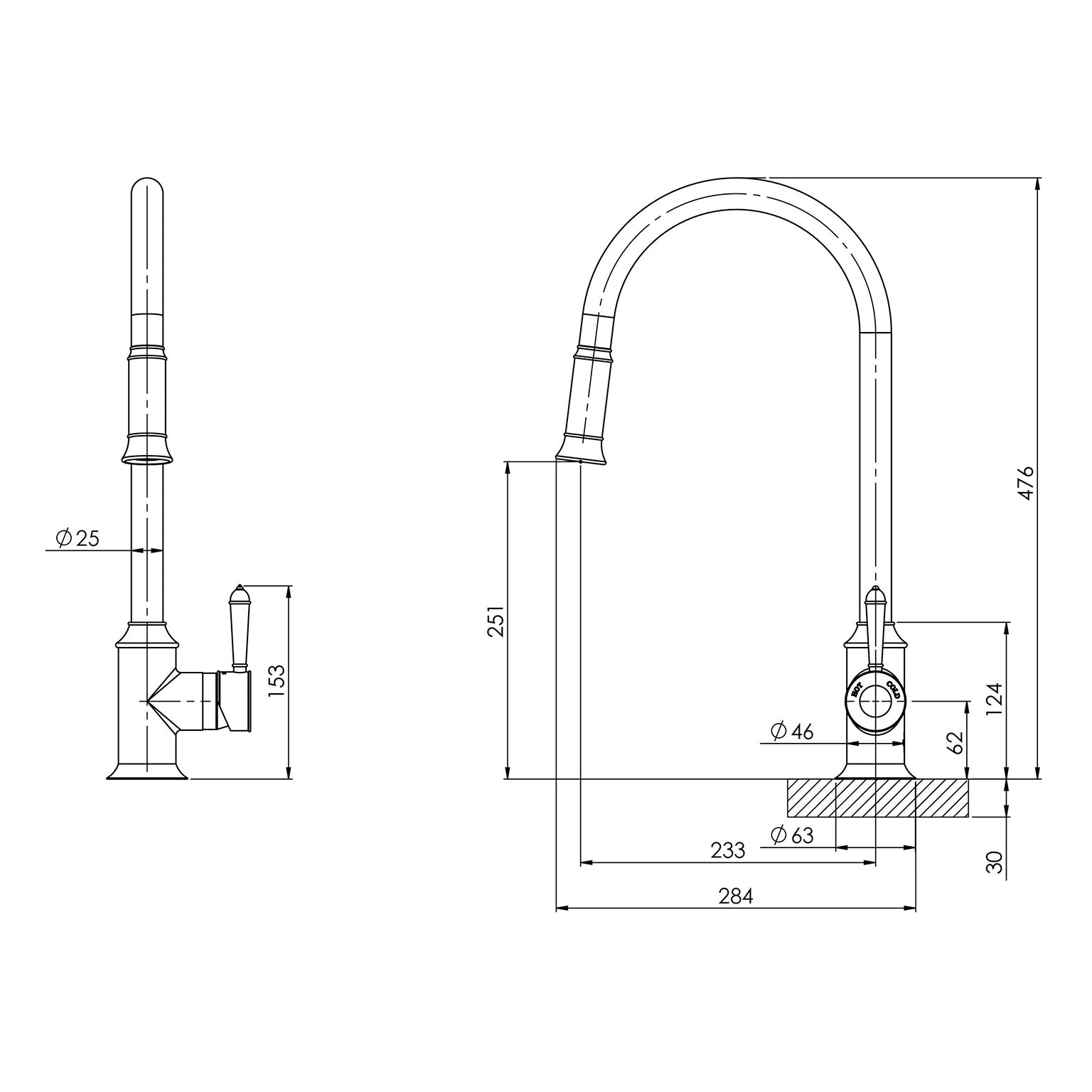 Phoenix Nostalgia Pull Out Sink Mixer 230mm – Lead Free