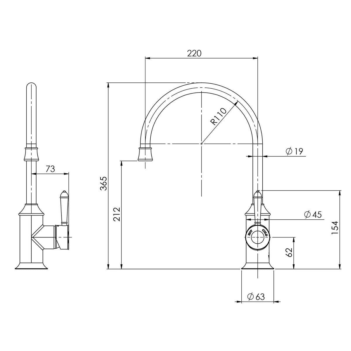 Phoenix Nostalgia Sink Mixer 220mm Gooseneck