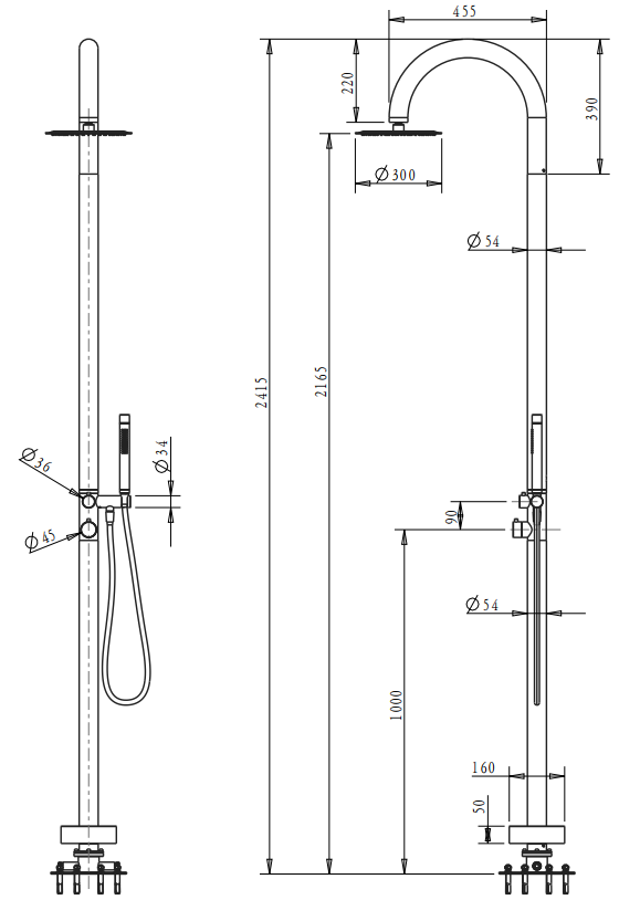 Bella Vista Mica Gooseneck Freestanding Outdoor Shower - dimensions and specifications