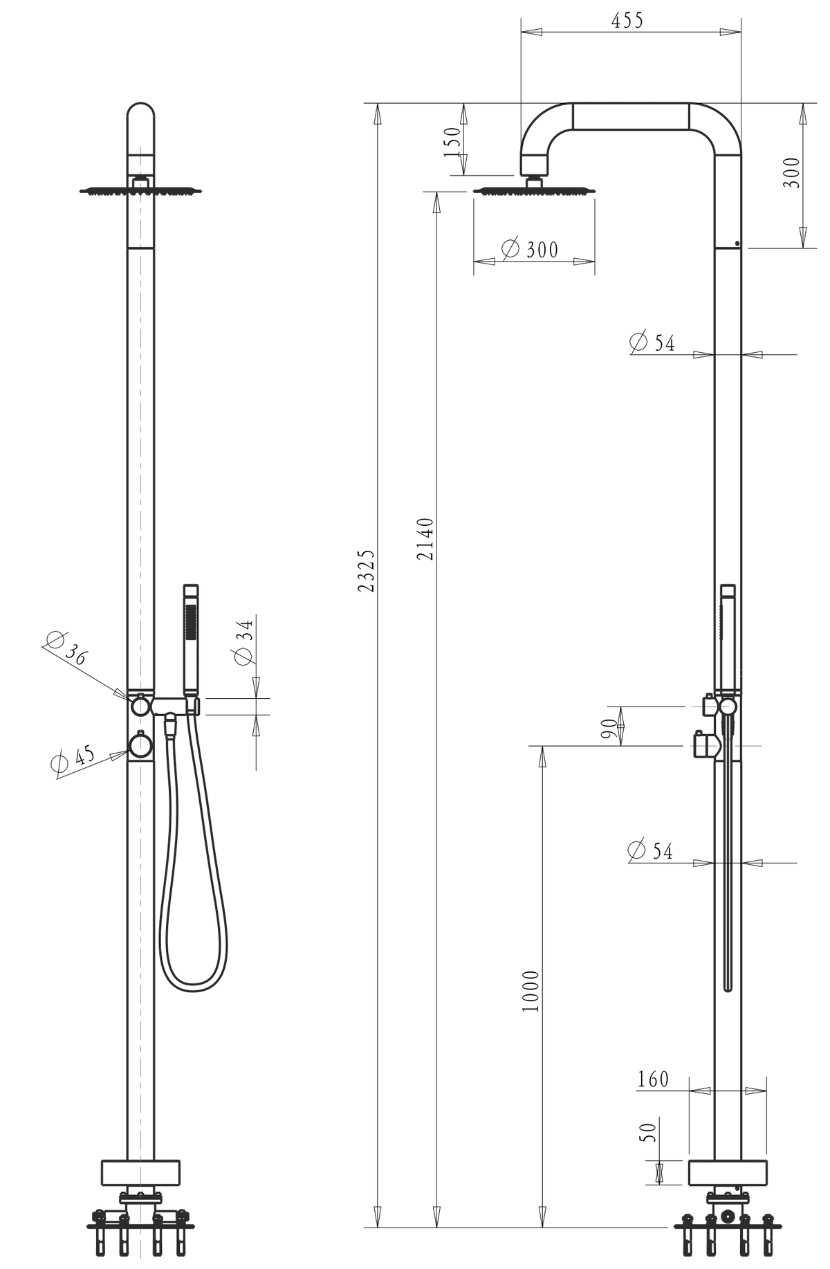 Bella Vista Mica Soft Square Freestanding Outdoor Shower - dimensions and specifications